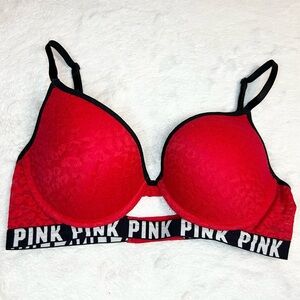 PINK Victoria's Secret Red Molded Push-Up Bra with Black Logo Trim Size 32D